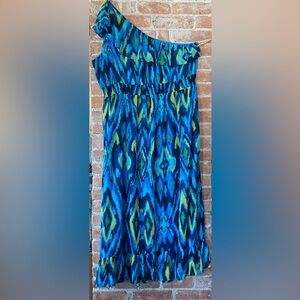 EUC Lane Bryant Blue and Green Patterned One Shoulder Dress w/Ruffles, Lined